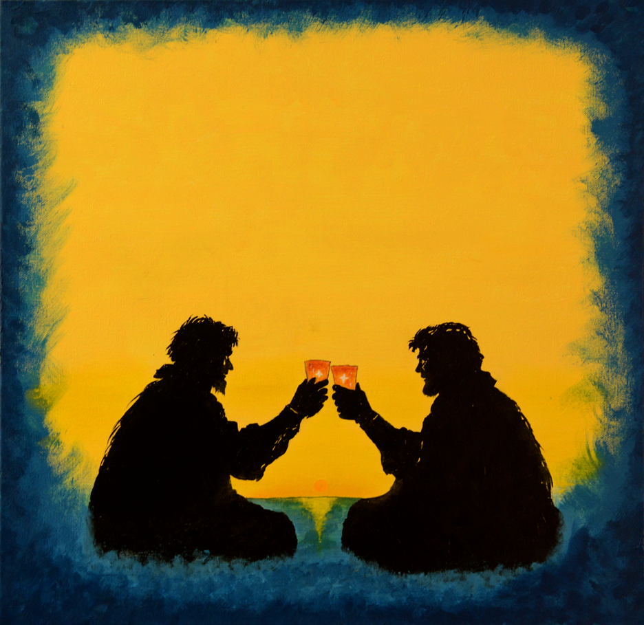 Originalgemälde von Johannes Mayr: zwei Silhouetten stoßen vor gelbem Himmel mit Gläsern an — das Motiv der Brothers-in-Arms-Etiketten.