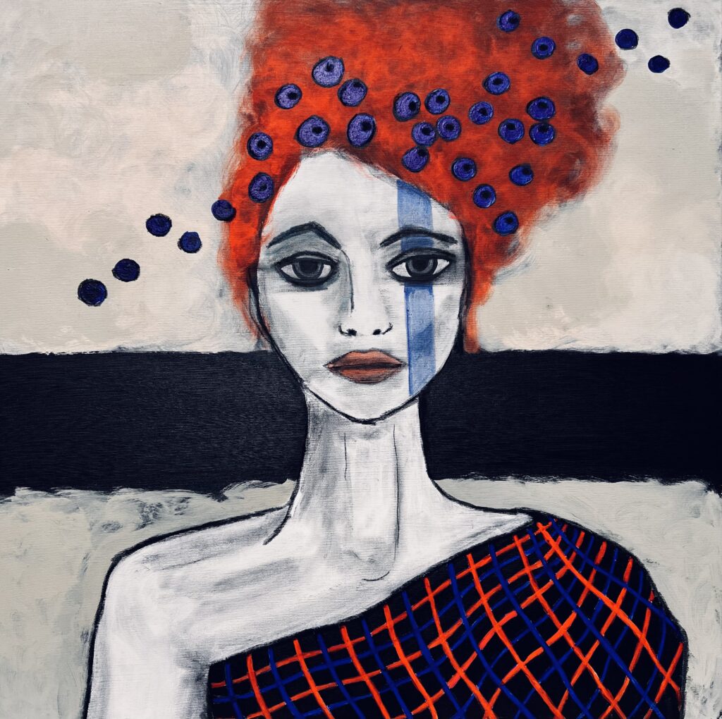Originalgemälde von Birgit Padrok: Frauenporträt mit roter Haarkrone und blauen Punkten — das Motiv der SKOTEN°-Etiketten.