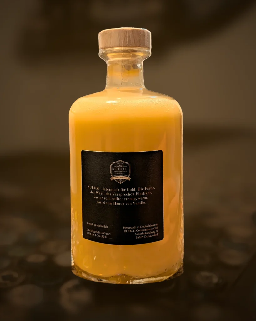 BODOLI AURUM Eier Liqueur – Rückseite mit Etikett