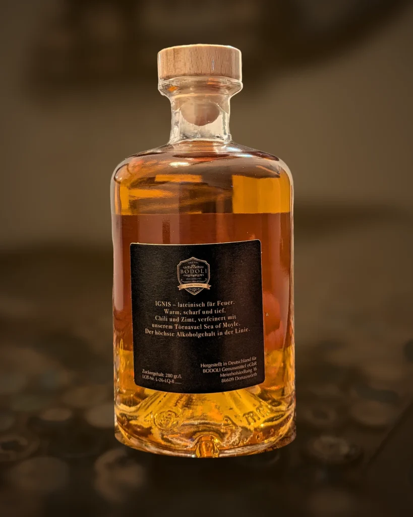 BODOLI IGNIS Chili-Zimt Liqueur – Rückseite mit Etikett