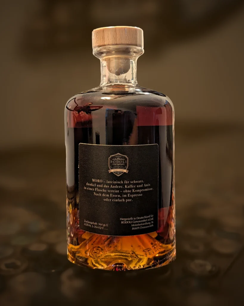 BODOLI MORO Kaffee-Anis Liqueur – Rückseite mit Etikett