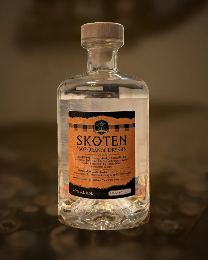 BODOLI SKOTEN°603 Orange Dry Gin – Rückseite mit Etikett
