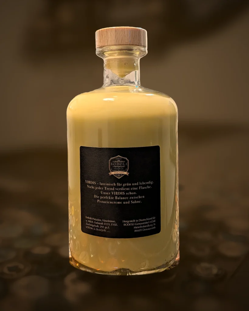 BODOLI VIRDIS Pistazien-Sahne Liqueur – Rückseite mit Etikett
